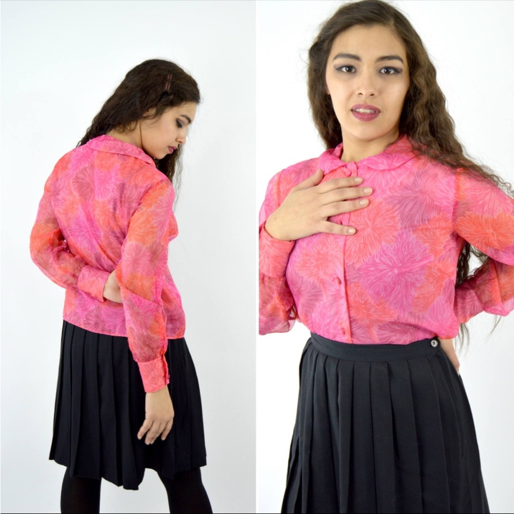 Vintage 1950s Hot Pink Peter Pan Collar Blouse - Chiffon Sheer Sleeve M
